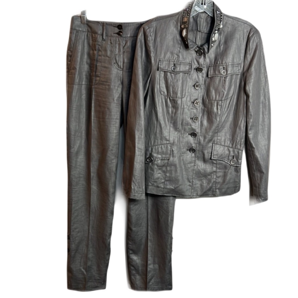Luisa Cerano Sz 8 Gray Blazer Embellished Collar 2pc Pant Set Linen Lagenlook
